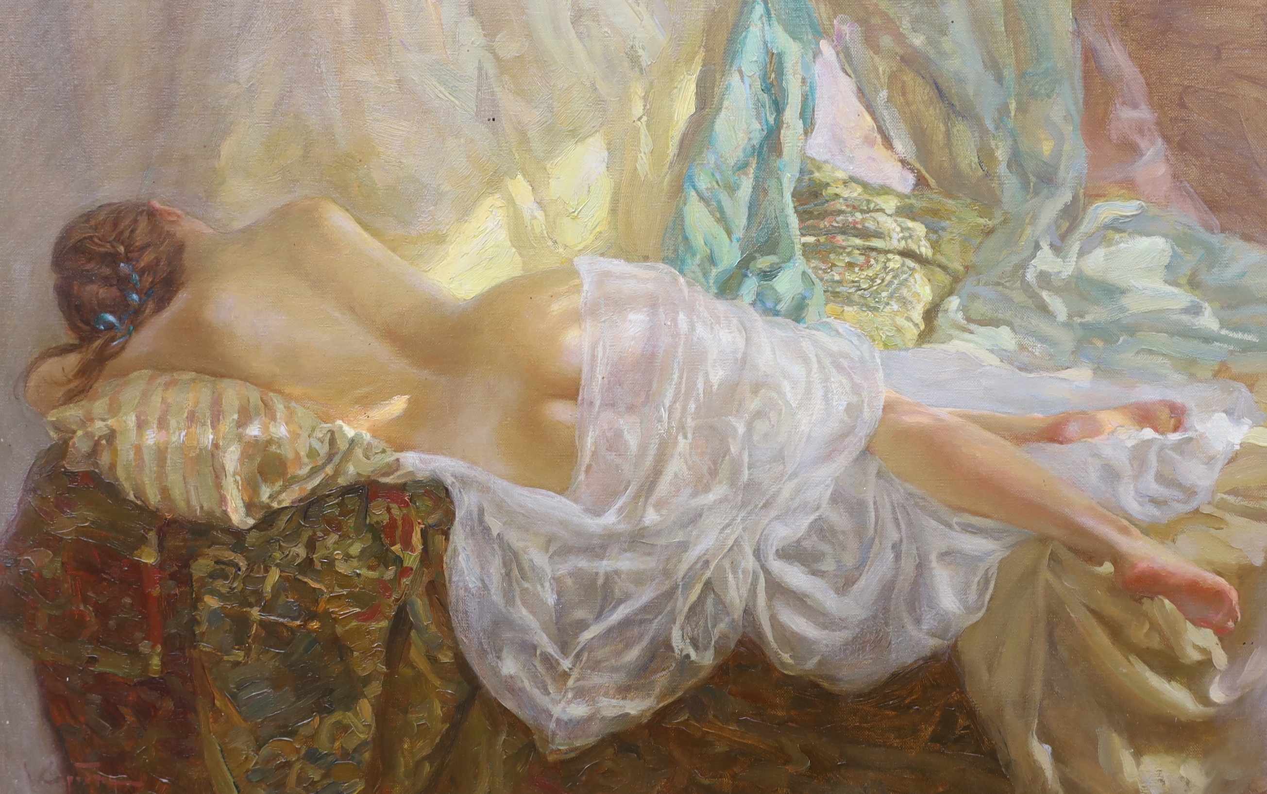 Russian School, oil on canvas, Reclining semi-nude female, indistinctly signed lower left, 45 x 70cm, unframed